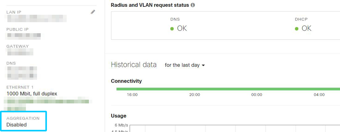 Meraki Link Aggregation status with one interface connected