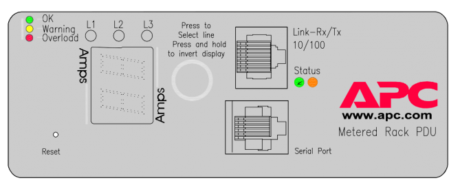 APC PDU management display with reset button on a AP7863